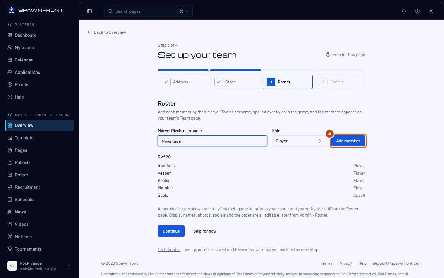 The Roster step, with a username typed and the Add member button outlined.