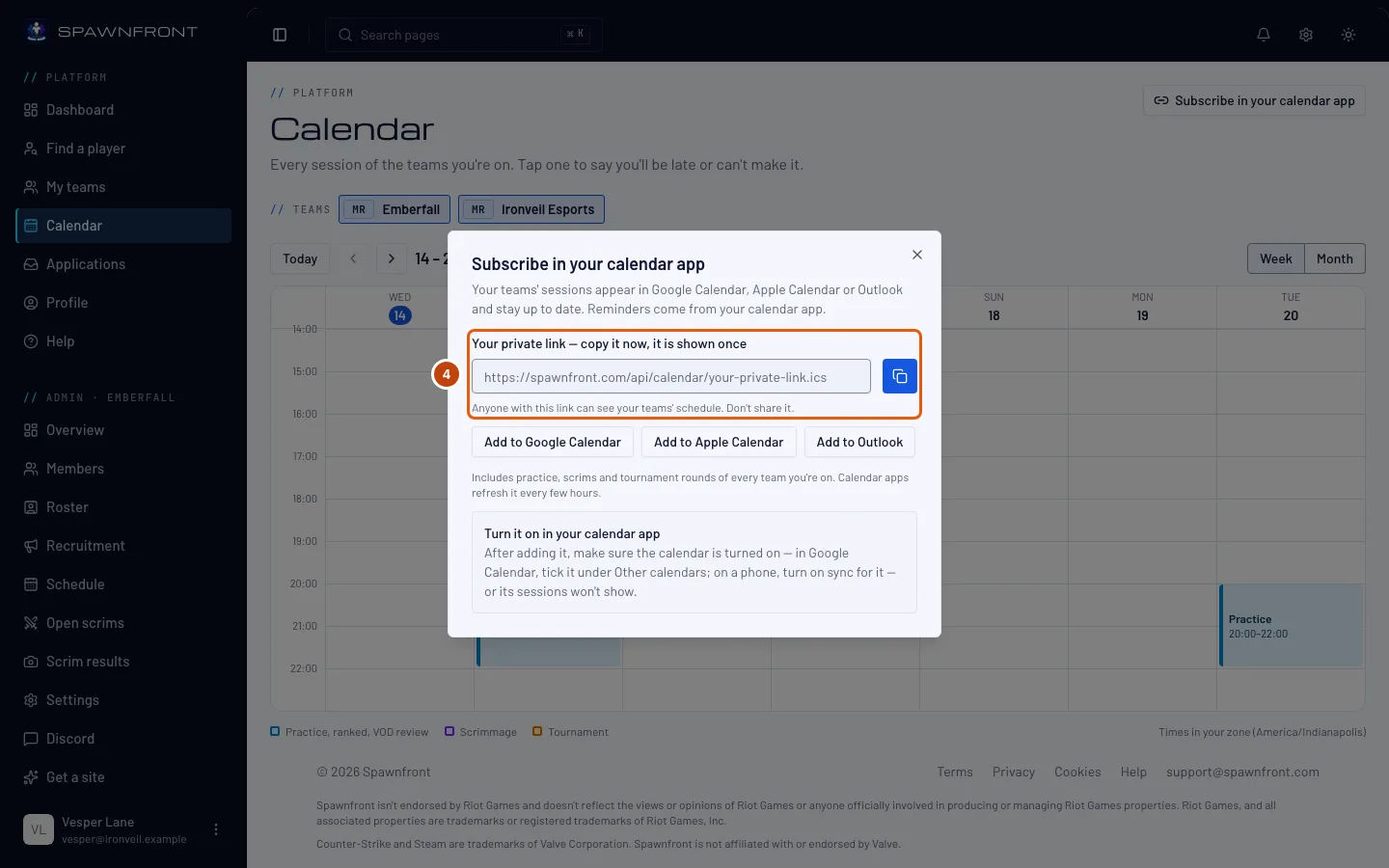 Your private link and its copy button, outlined.