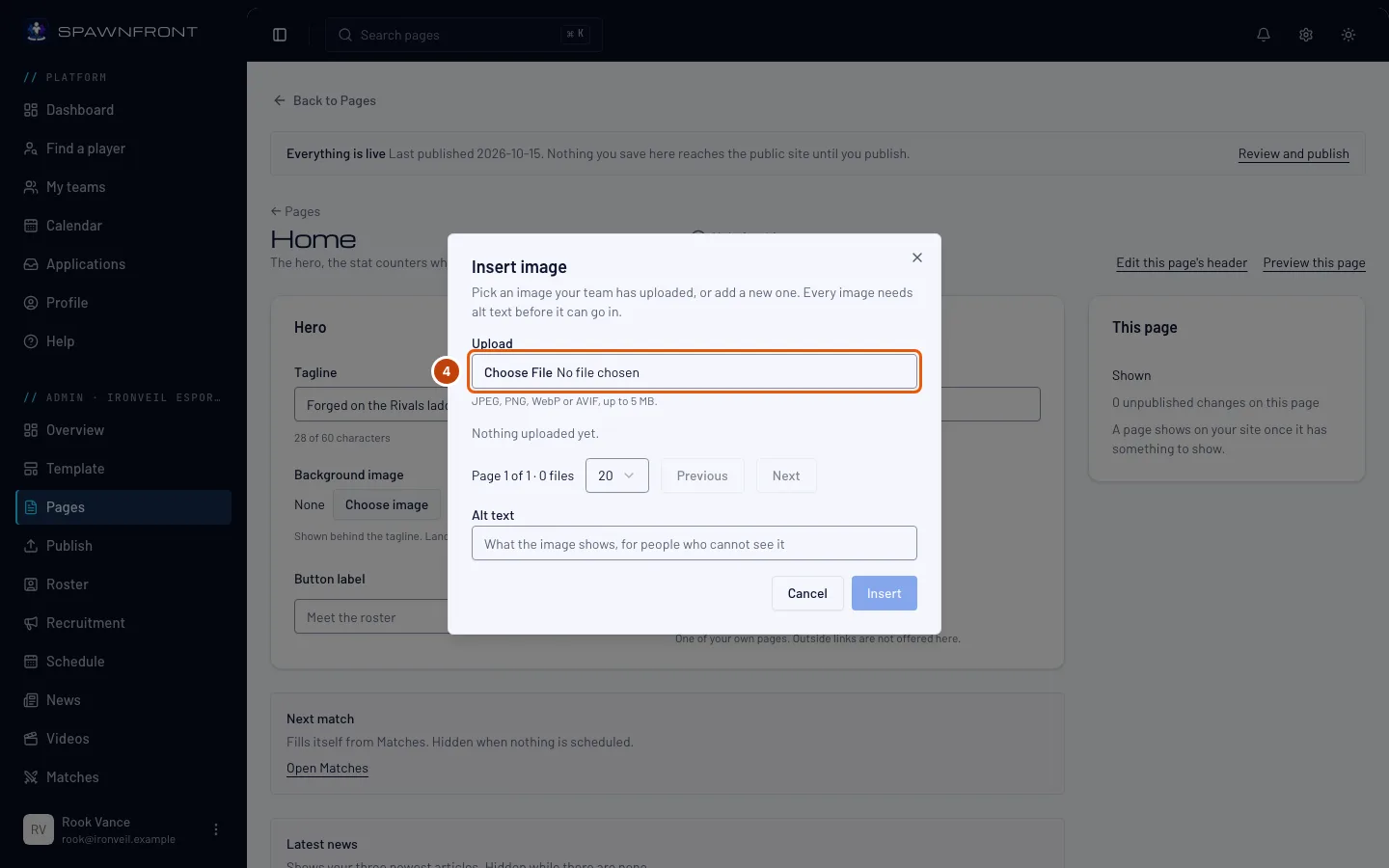The Insert image box, with its Upload field outlined.