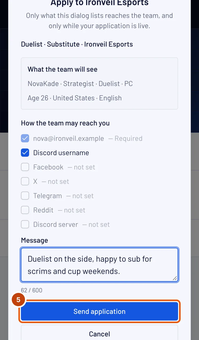 The Apply box, with the Send application button outlined.