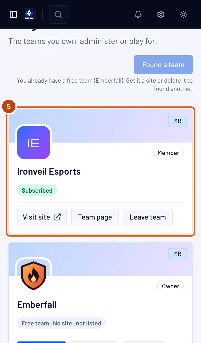 My teams, with Ironveil Esports' card showing the Member role outlined.