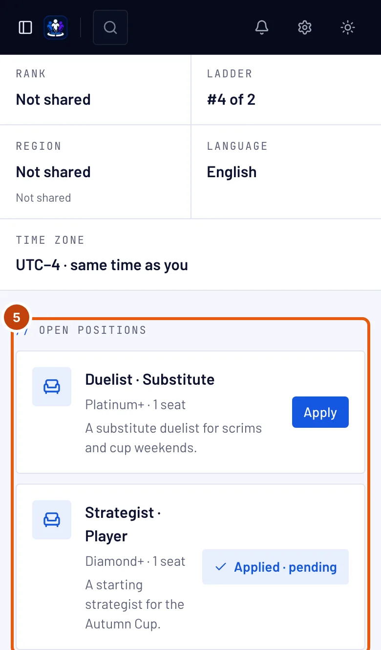 The team page, with the Open positions section outlined.