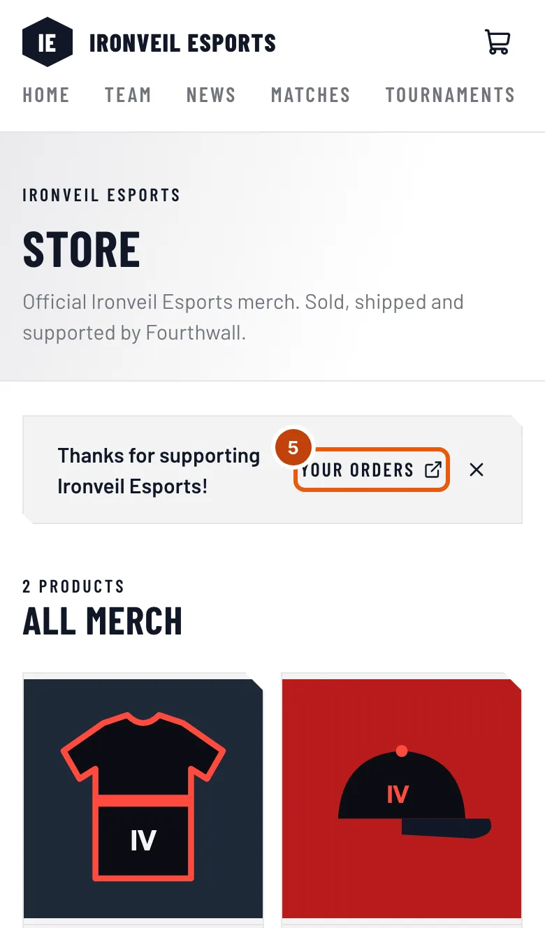 The team's store after a checkout, with the thanks strip's Your orders link outlined.