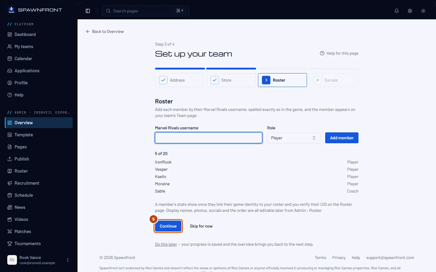 The Roster step's player list, with the Continue button outlined.