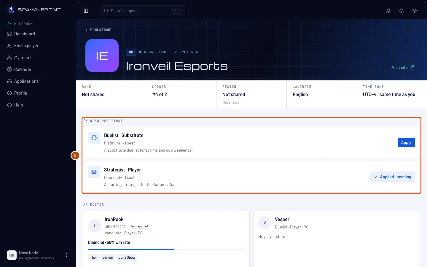 The team page, with the Open positions section outlined.