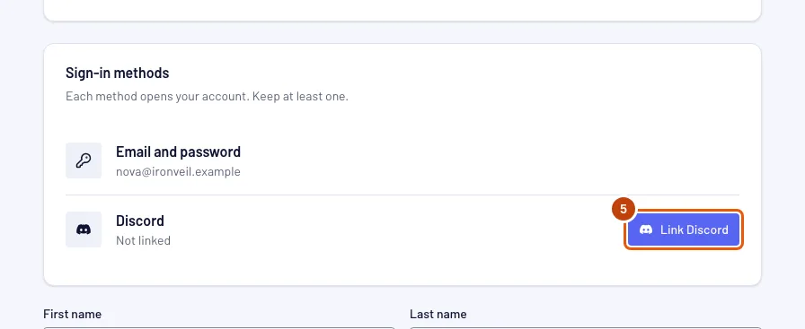 The Sign-in methods card on Profile, with Link Discord outlined on the Discord row.