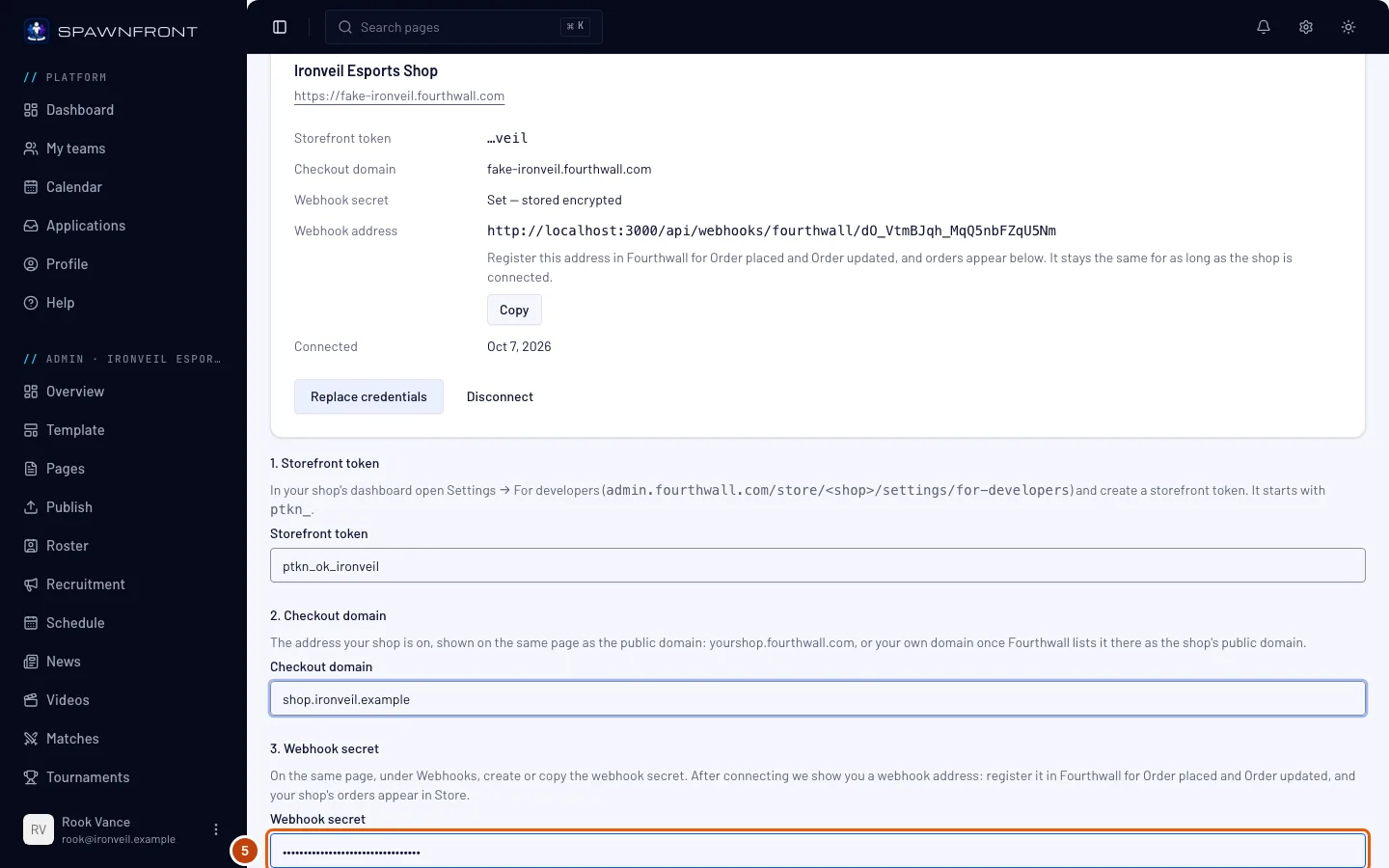 The replace form, with the filled Webhook secret field outlined.