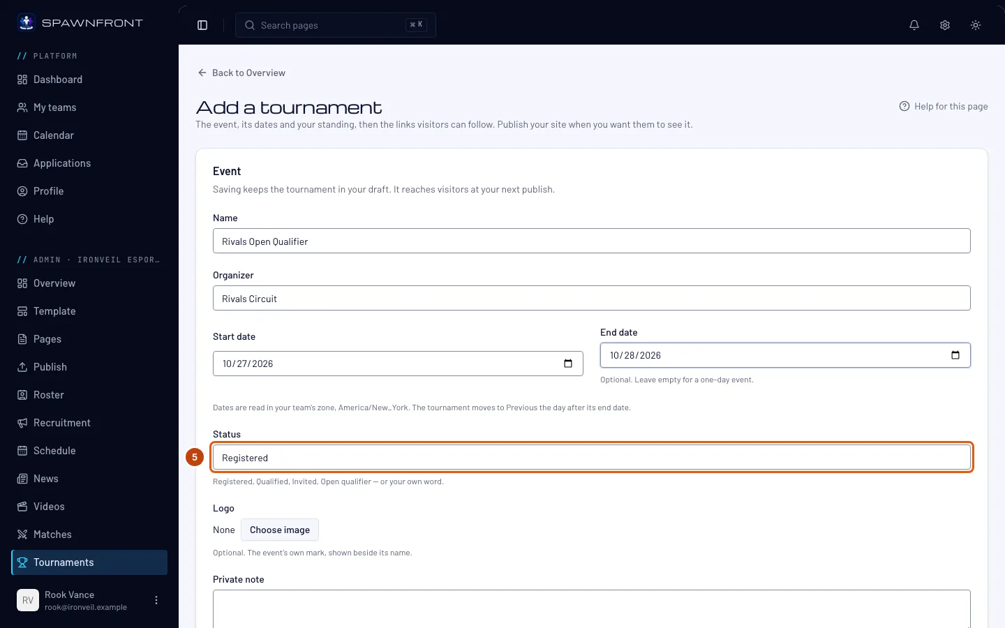 The Status field with Registered typed in, outlined.