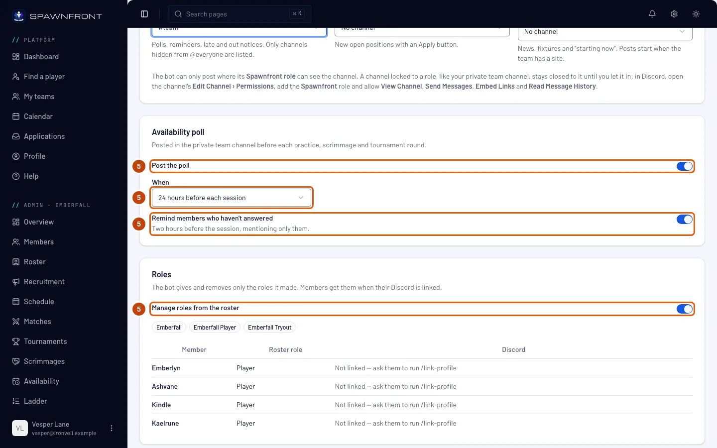 The Availability poll card with Post the poll, When and the reminder switch outlined, and the Roles card with Manage roles from the roster outlined.