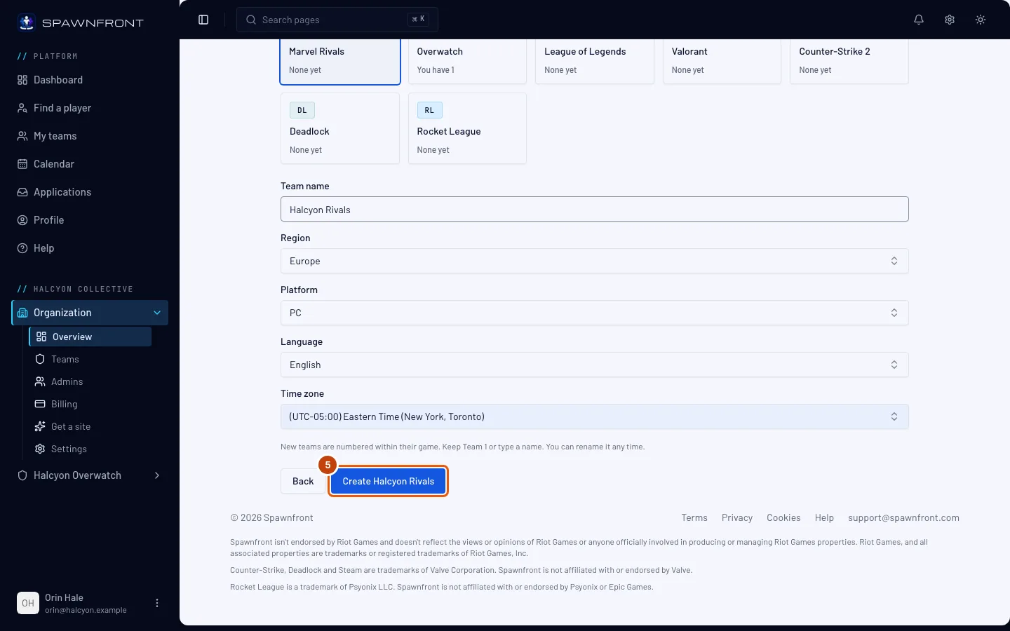 The filled-in page, with the Create button outlined.