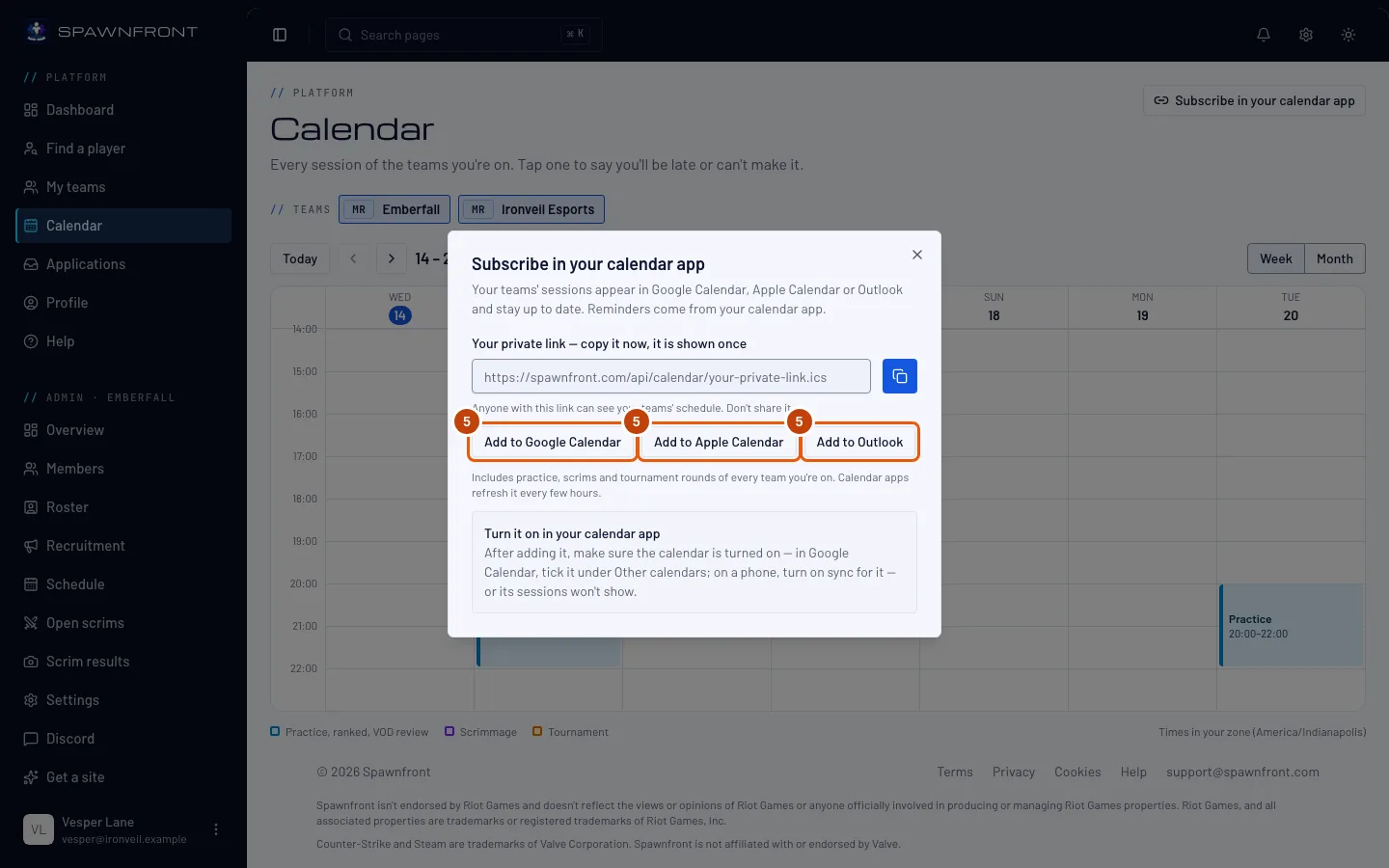 The Add to Google Calendar, Add to Apple Calendar and Add to Outlook buttons, outlined.