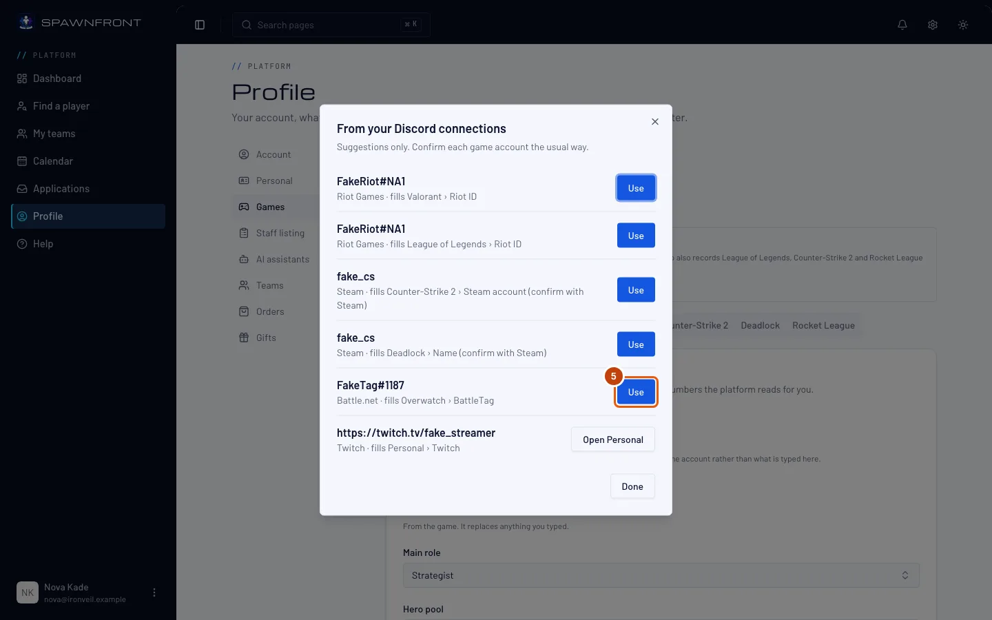 The From your Discord connections box, listing the suggestions, with Use outlined on the Overwatch BattleTag row.
