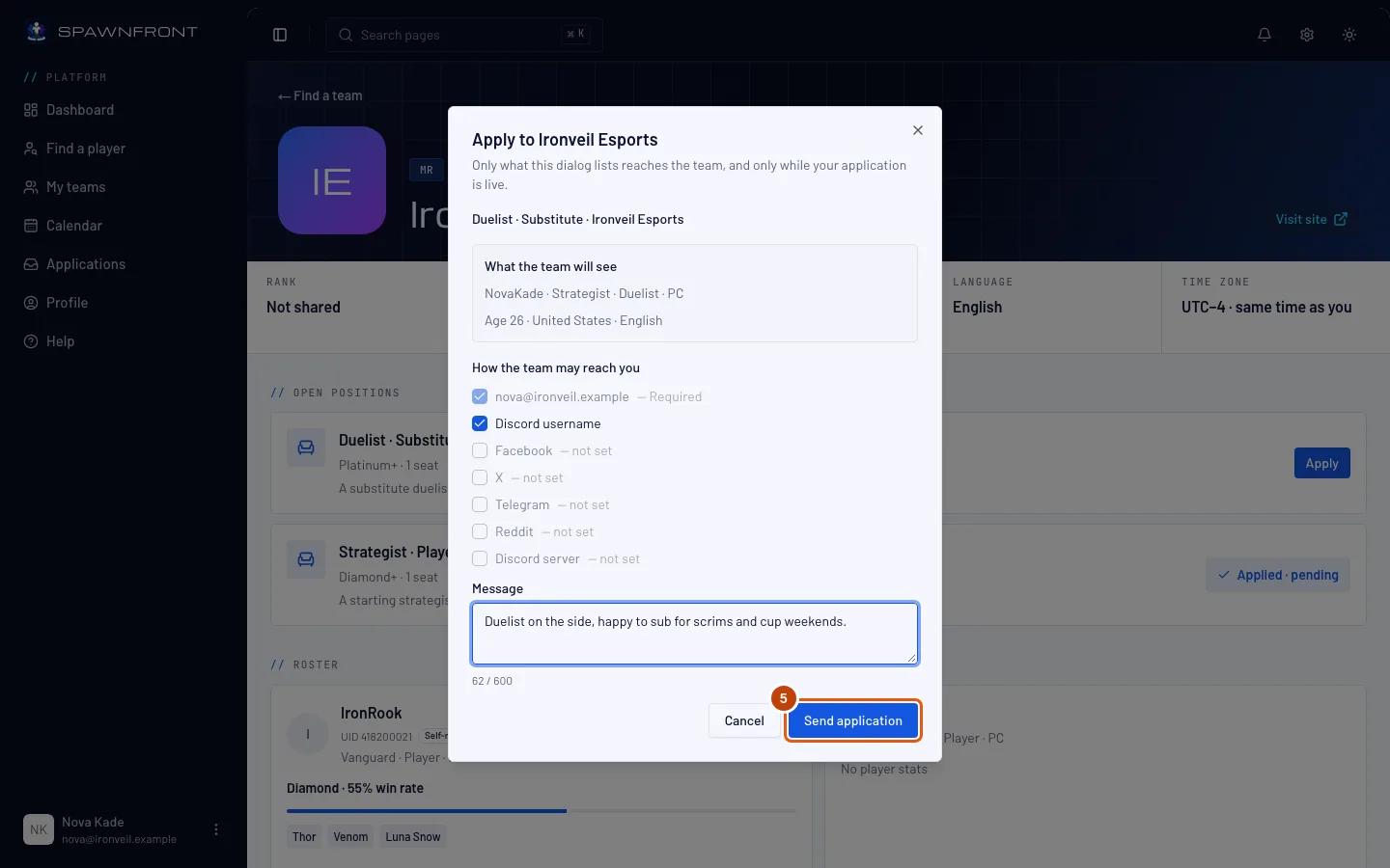 The Apply box, with the Send application button outlined.