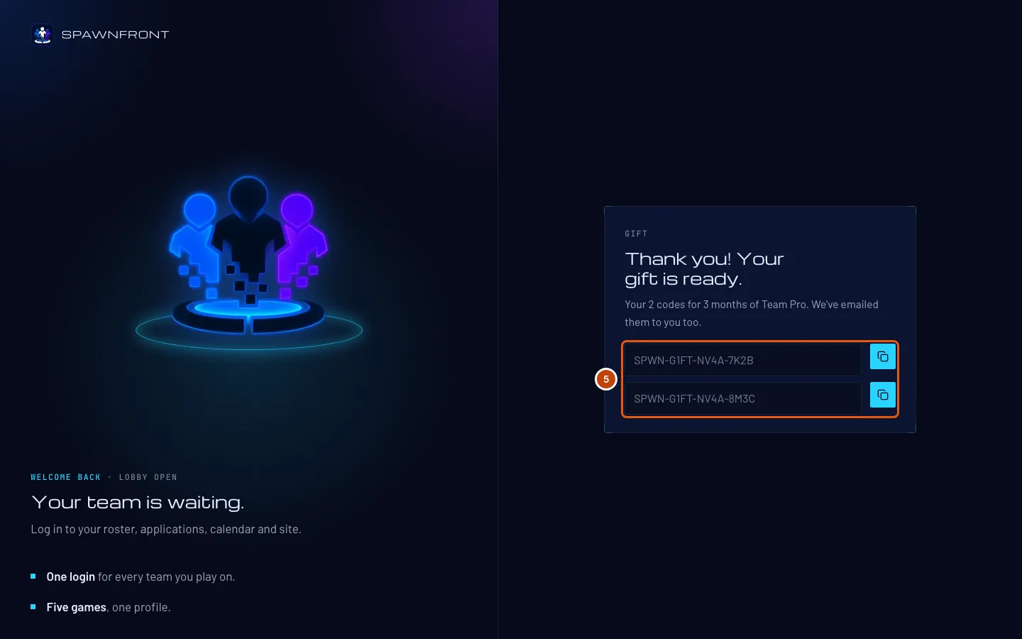 The thank-you page, with the codes outlined.