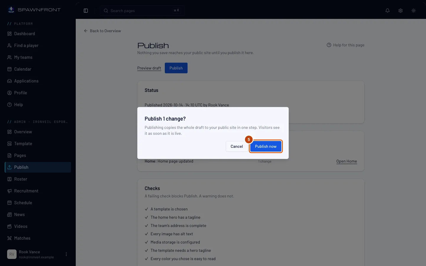 The box that opens after Publish, with its Publish now button outlined.