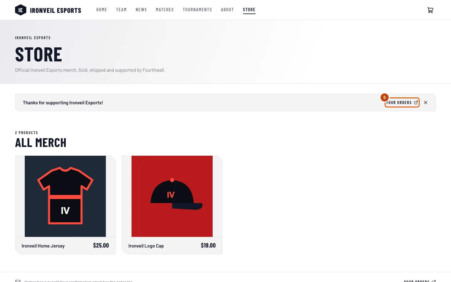 The team's store after a checkout, with the thanks strip's Your orders link outlined.