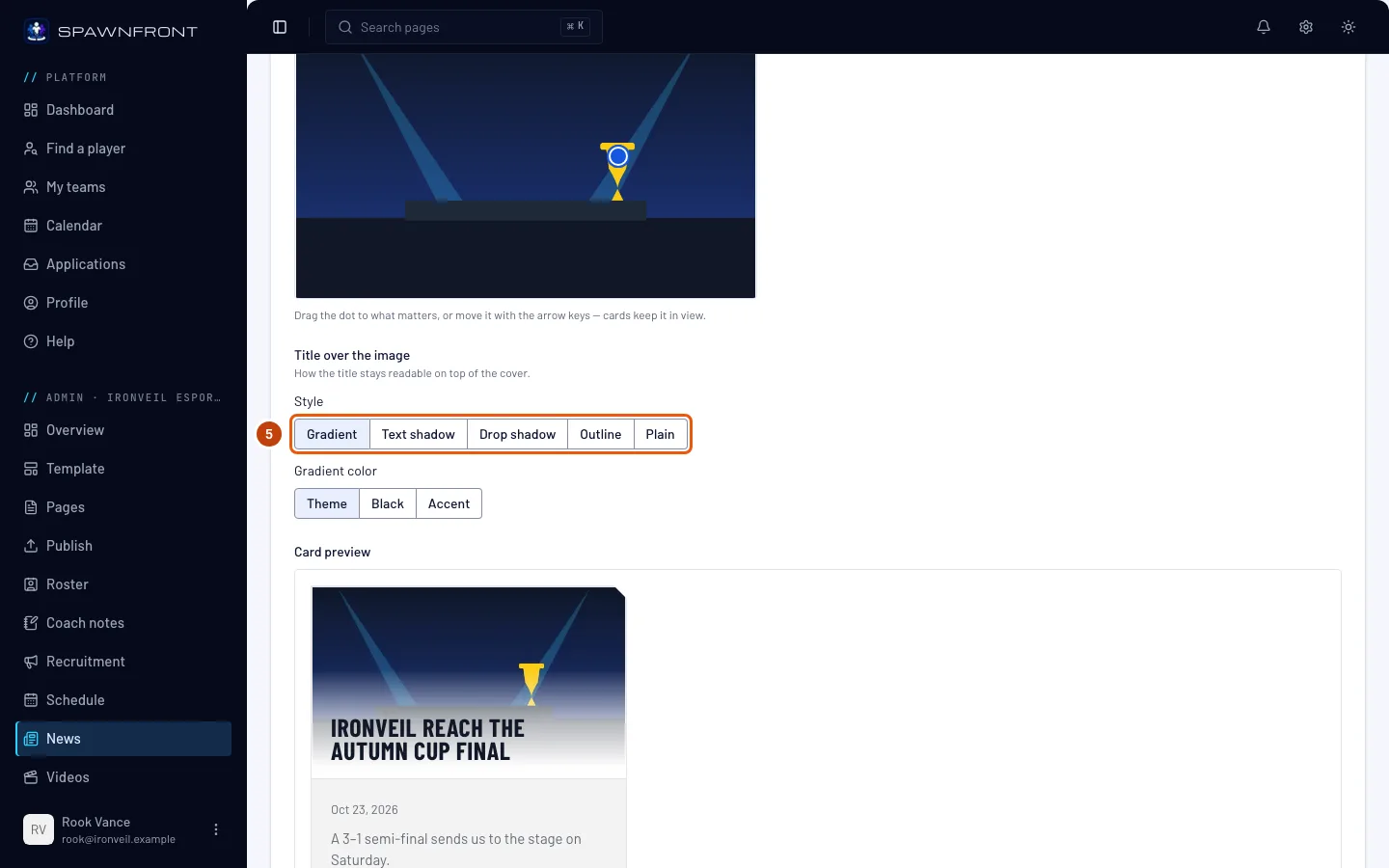 The Style choices under Title over the image, with Gradient selected, outlined.