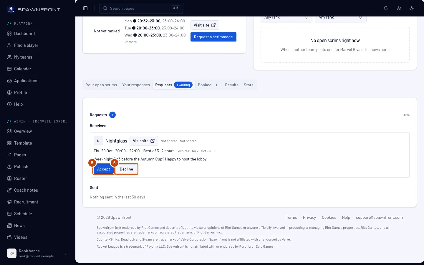 The request from Nightglass, with its Accept and Decline buttons outlined.