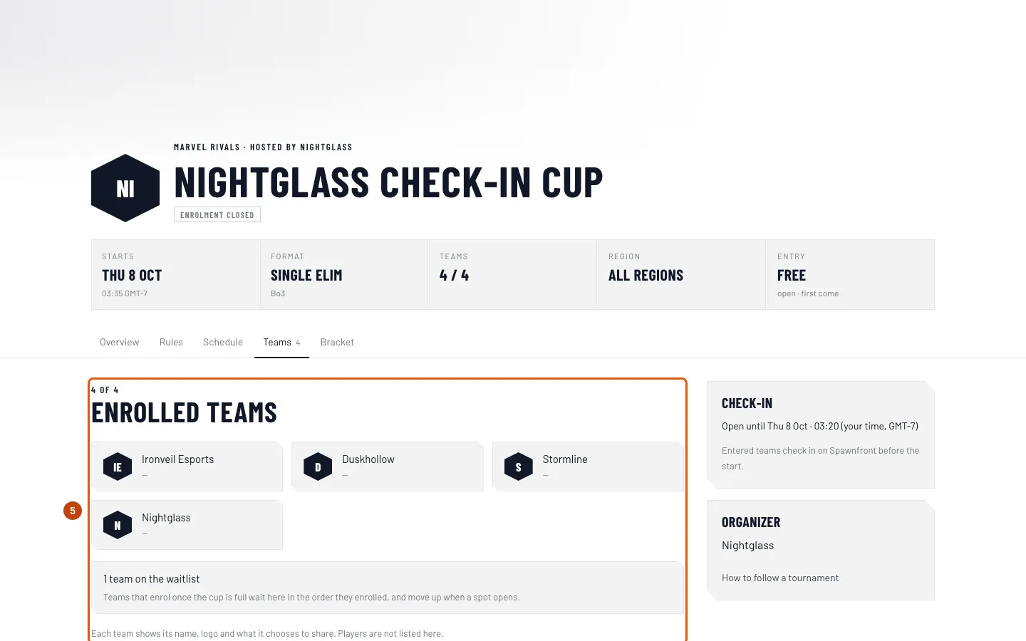 The Teams tab of the Nightglass Check-in Cup, outlined.