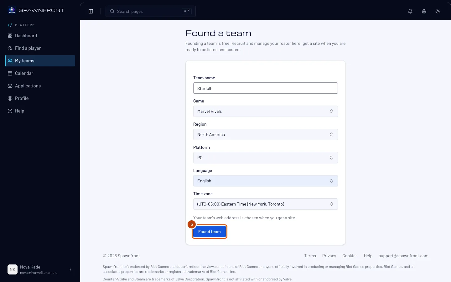 The completed form, with the Found team button outlined.
