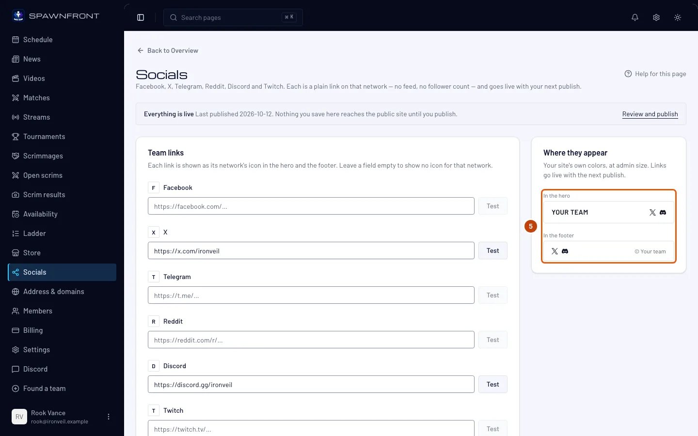 The Where they appear card, showing the X and Discord icons in the hero and the footer, outlined.
