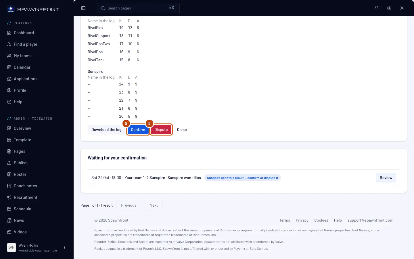 The other team's Review of the sent result, with Confirm and Dispute outlined.