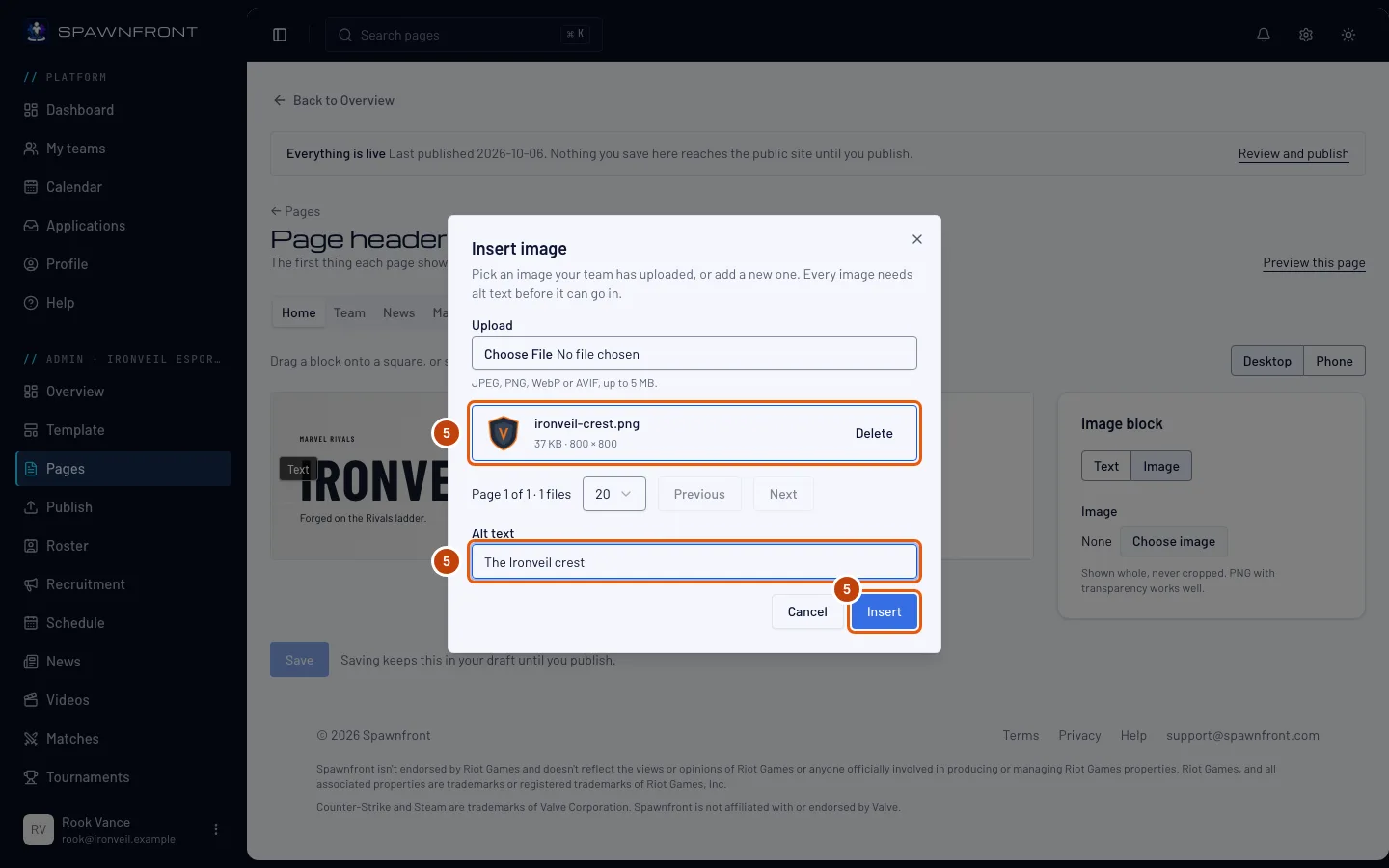 The Insert image box with an image picked, its Alt text field and the Insert button outlined.