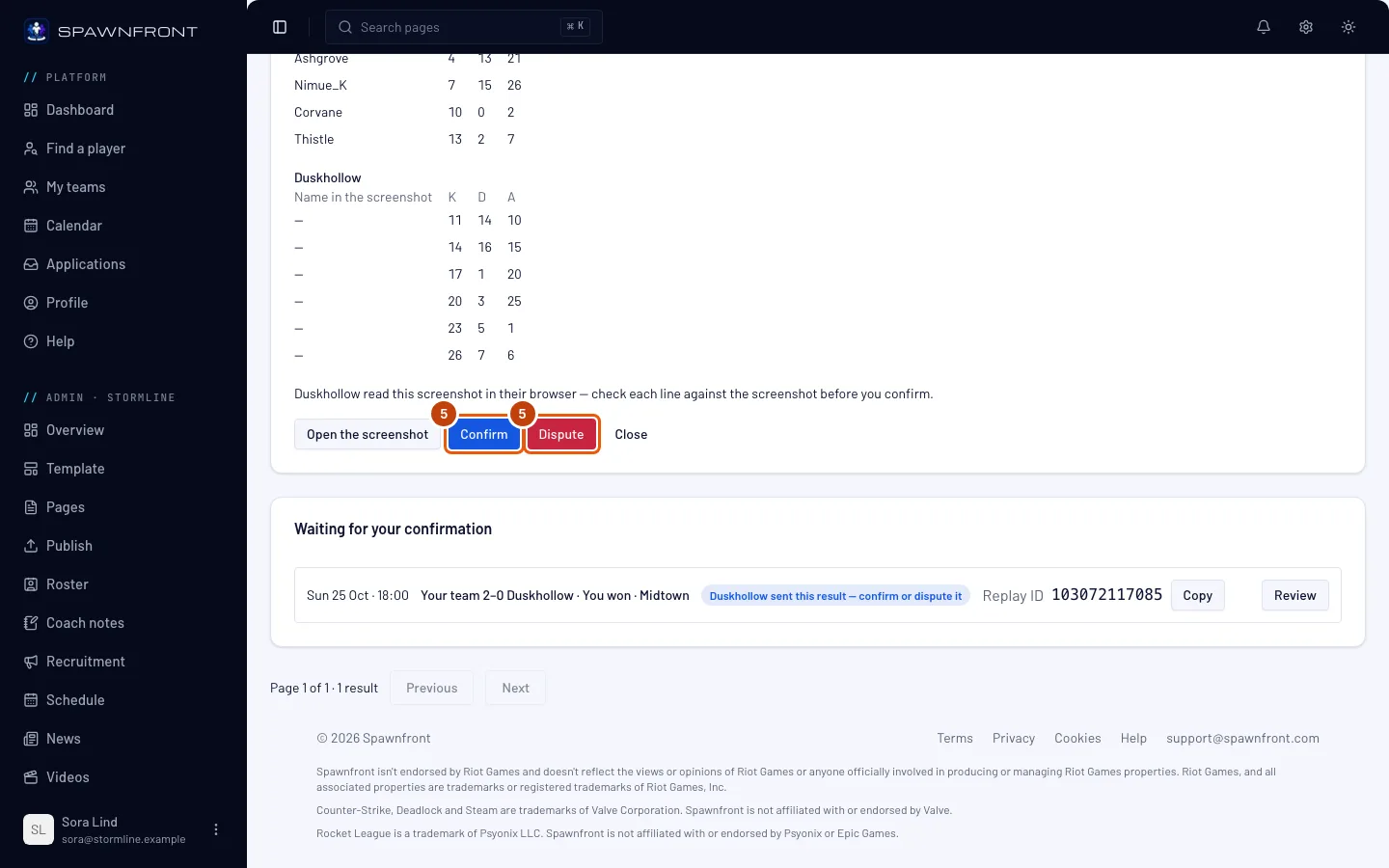 The other team's Review of the sent result, with Confirm and Dispute outlined.