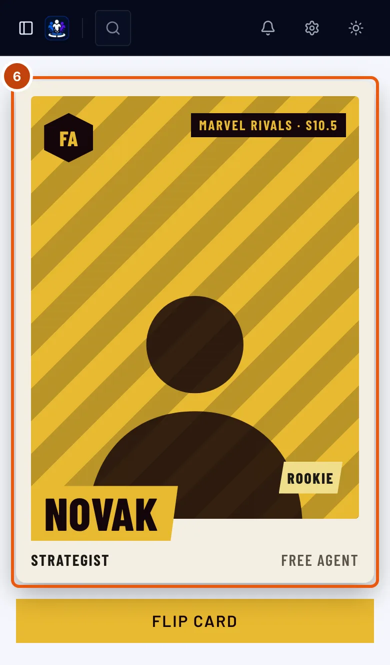 A free agent's page, with the front of the card outlined.