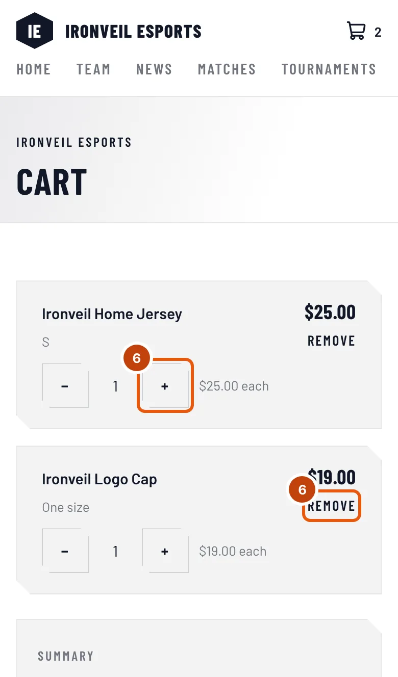 The cart with two items, with the jersey's plus button and the cap's Remove outlined.