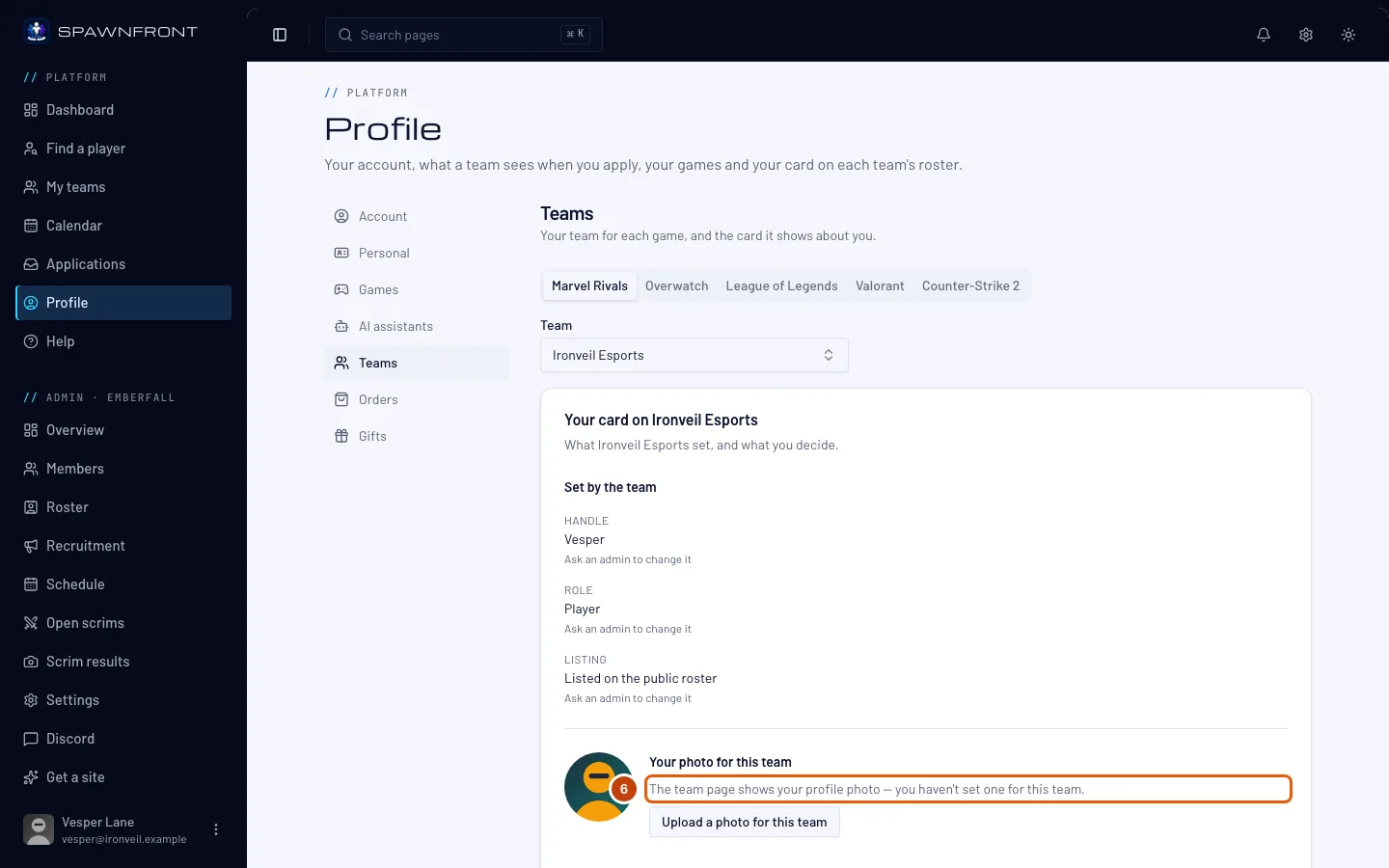 Your card on Ironveil Esports, with the line saying the team page shows your profile photo outlined.