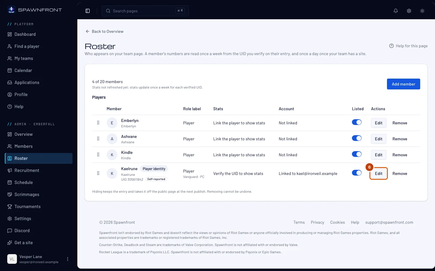 The Roster page, with Edit outlined on a player's row.