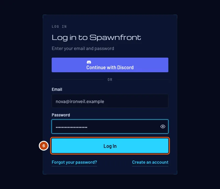 The login form, filled in, with the Log In button outlined.