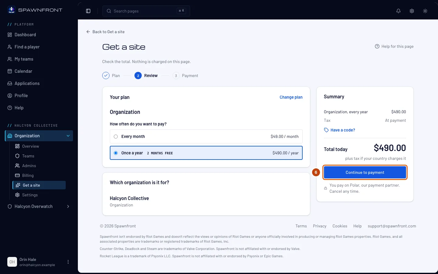 The Checkout page, with the Continue to payment button outlined.