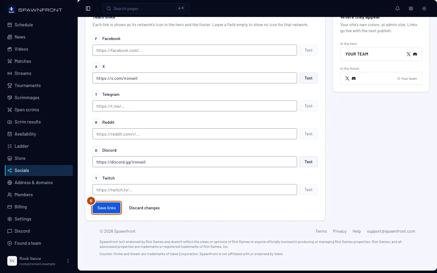 The bottom of the Team links form, with the Save links button outlined.