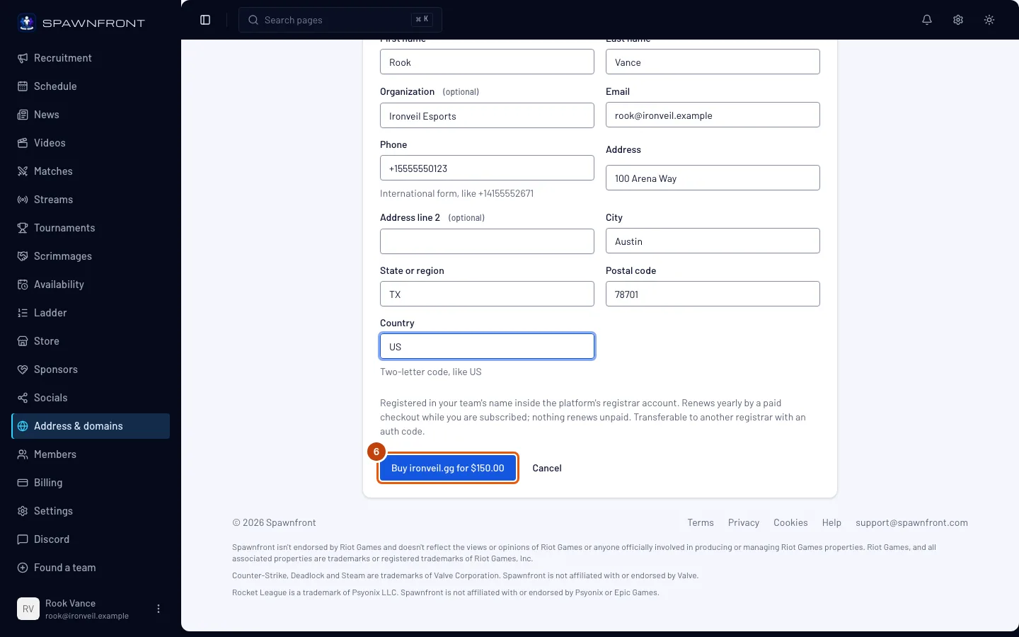 The filled registrant form, with the Buy button outlined.