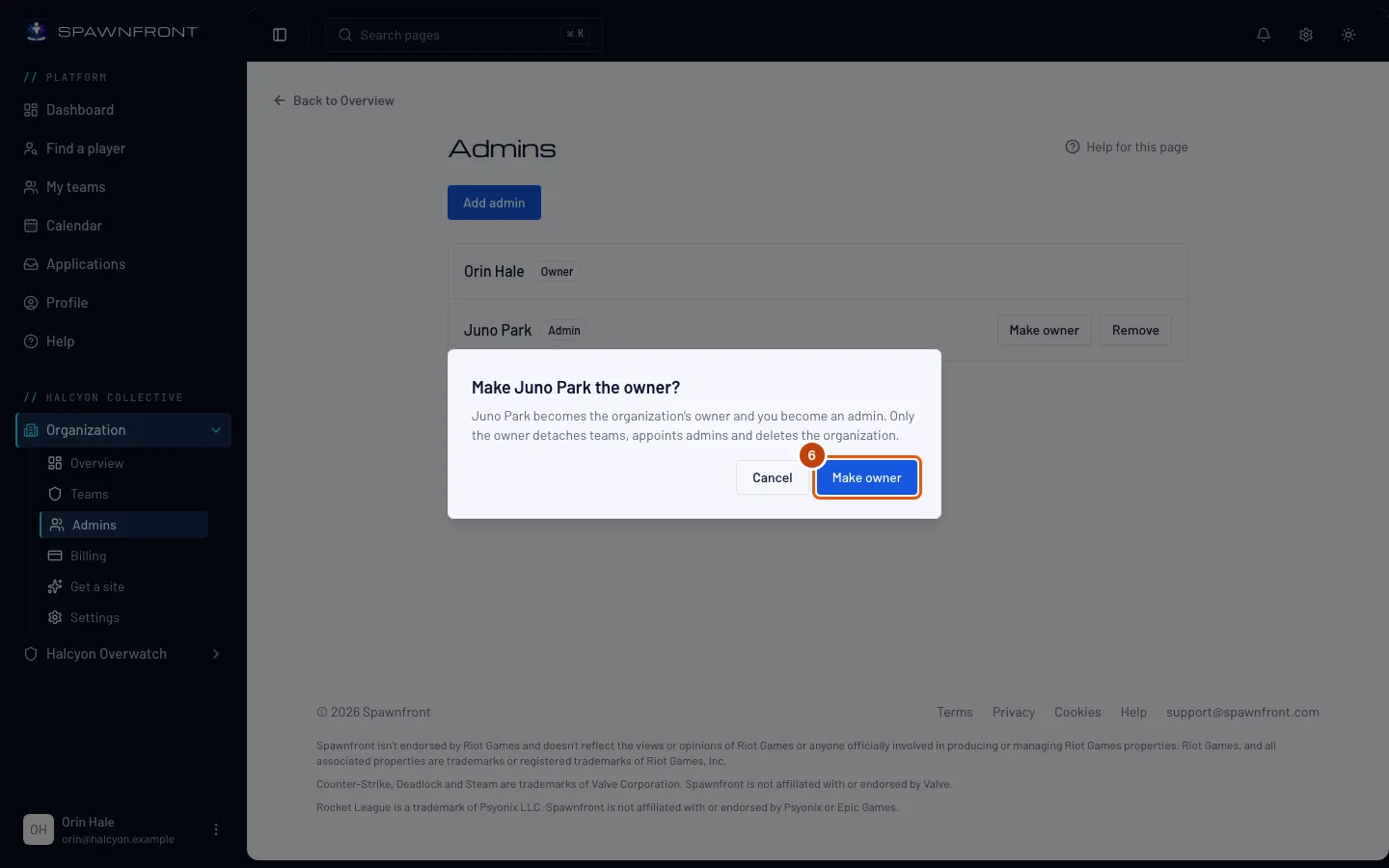 The Make owner confirmation, with the Make owner button outlined.