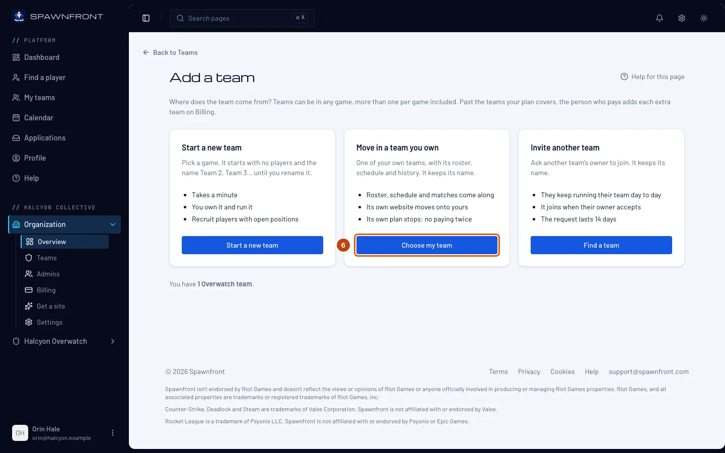 The Add a team page, with the Choose my team button outlined.