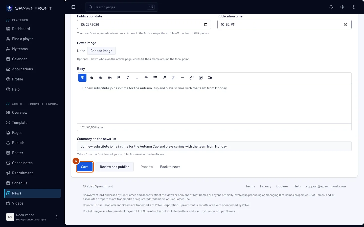 The filled-in article form, with the Save button outlined.
