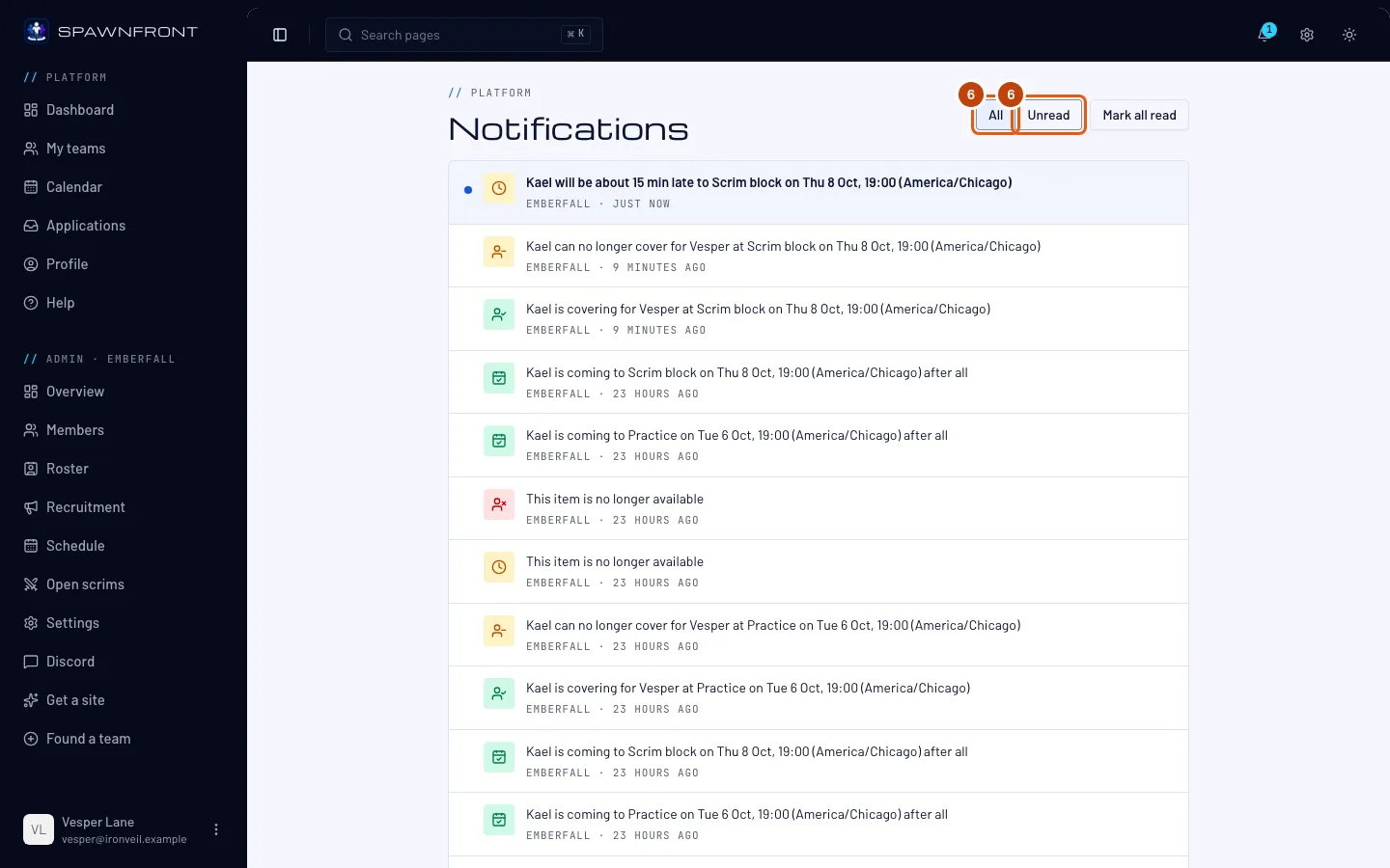 The Notifications page, with the All and Unread switch outlined.