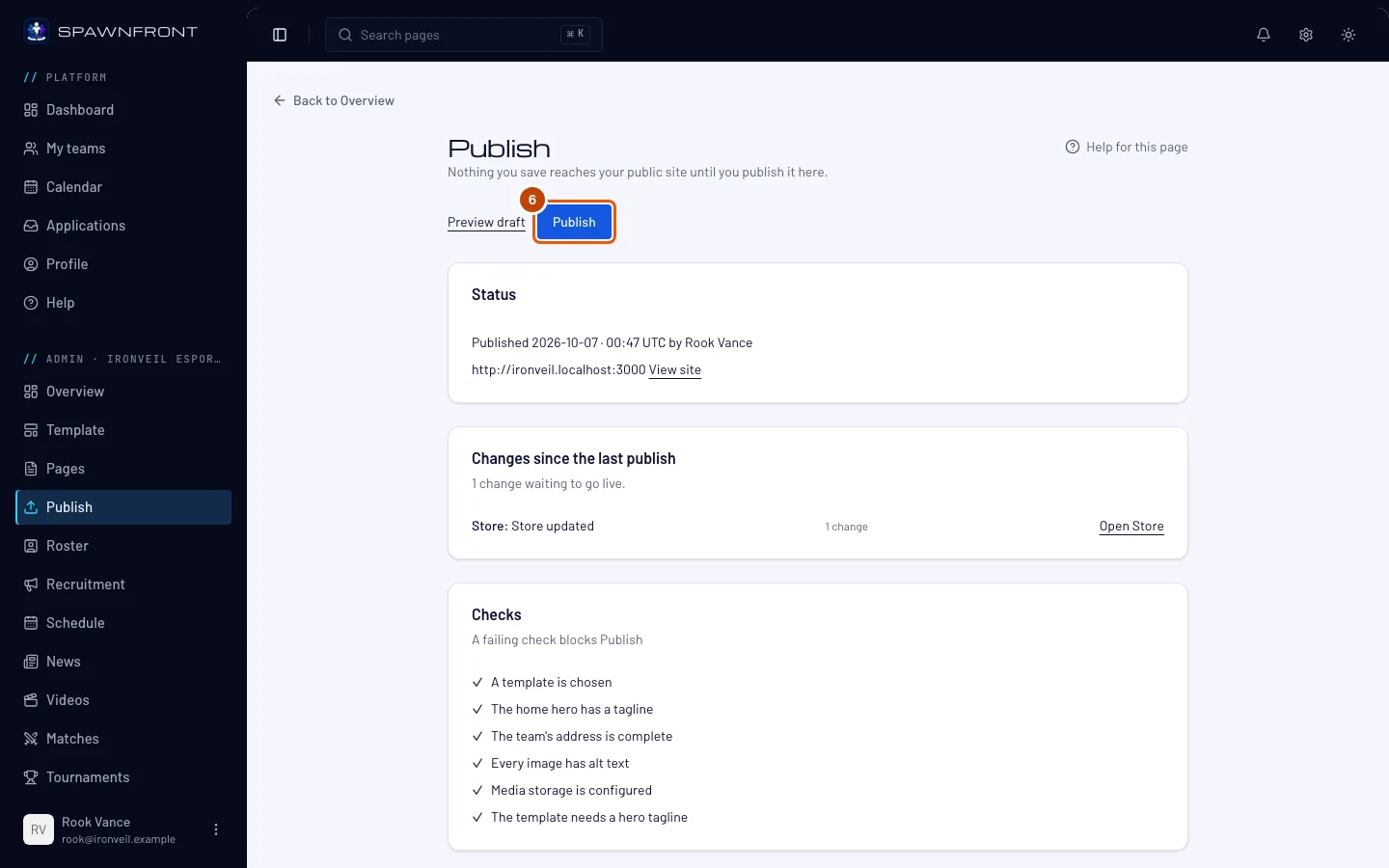 The Publish page listing the store change, with the Publish button outlined.