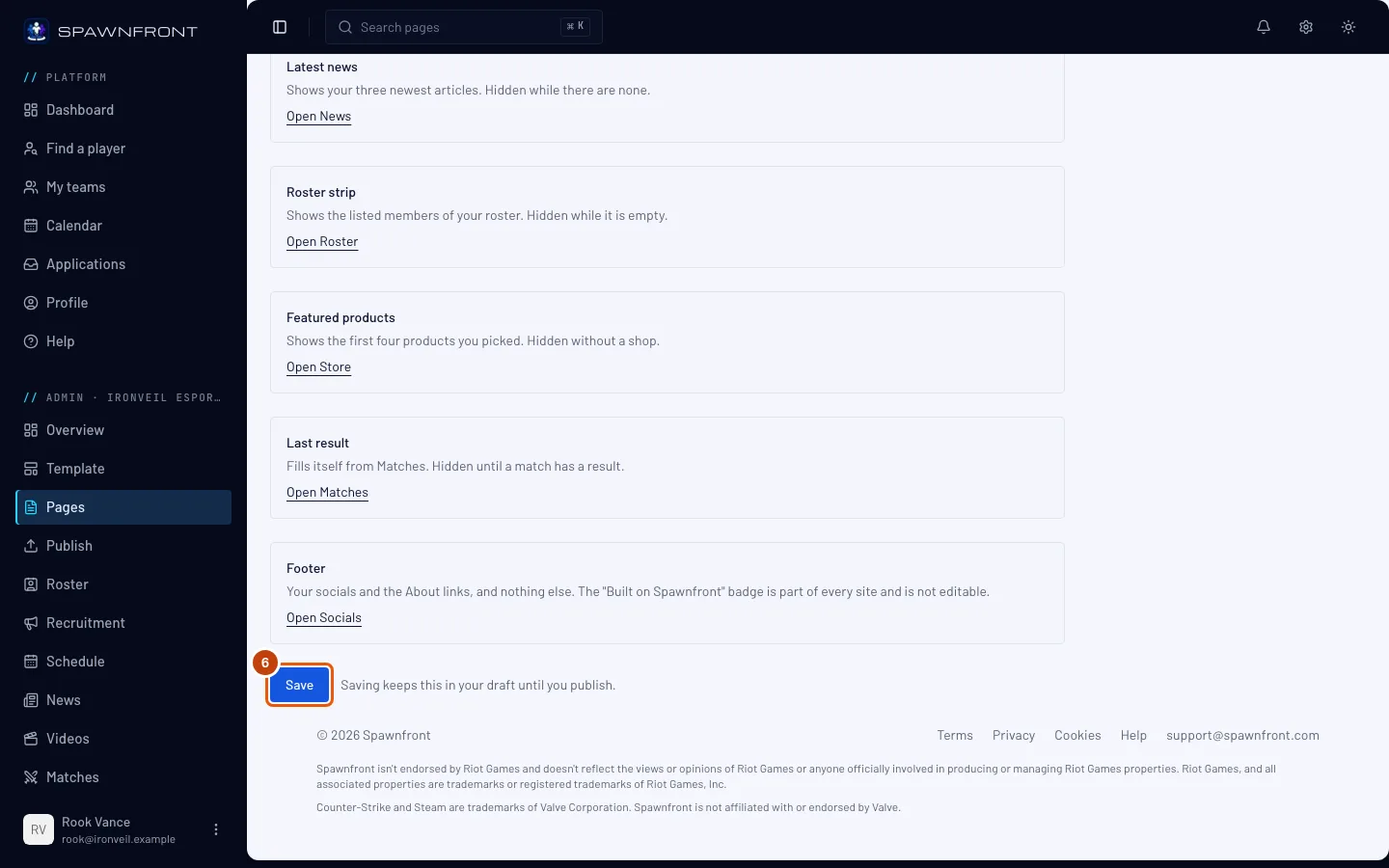 The Home editor, with the Save button outlined.