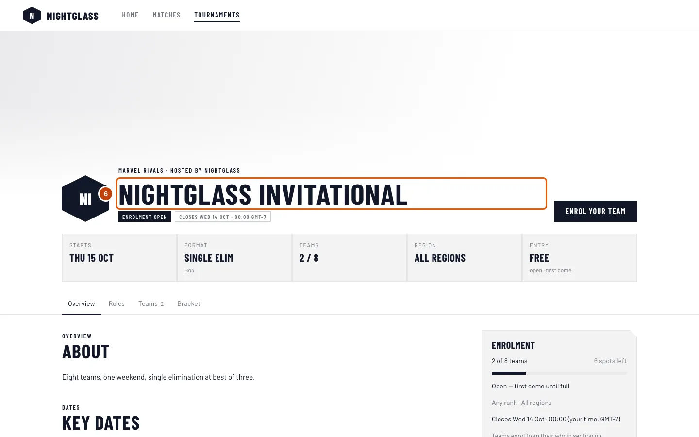The Nightglass Invitational's page on Nightglass's site, with its name outlined.