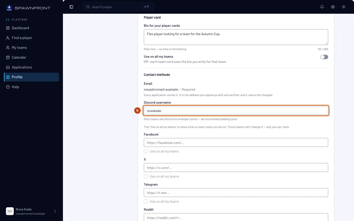 The Personal section, with the Discord username box outlined.
