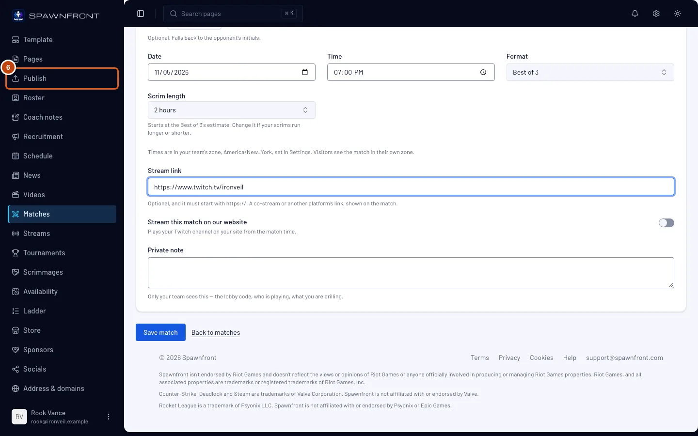 The team's admin menu, with Publish outlined.