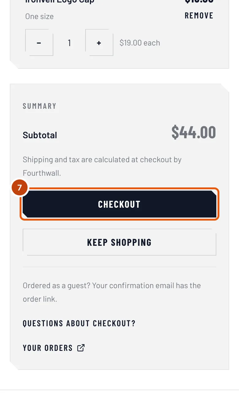 The cart's summary, with the Checkout button outlined.