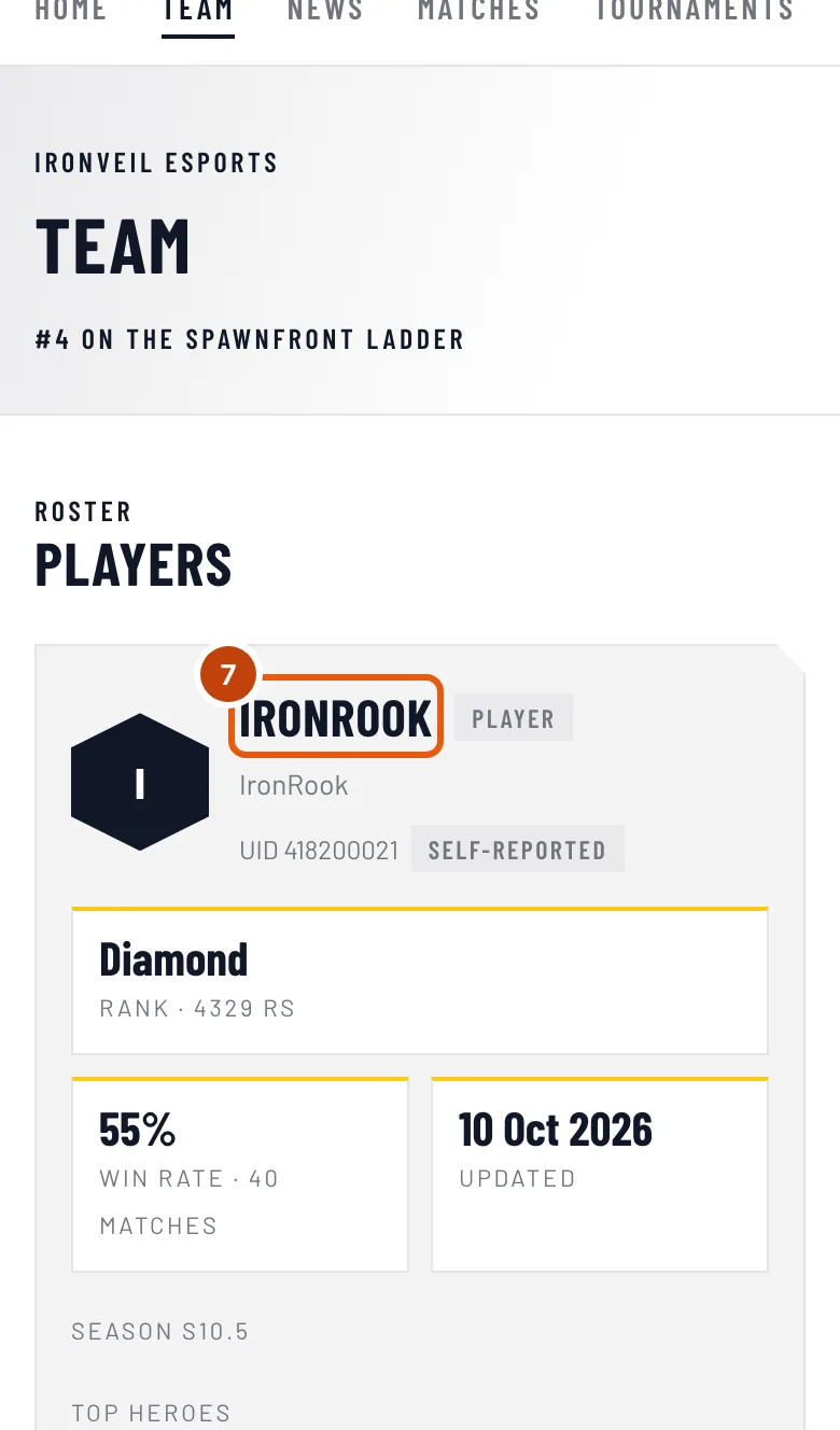 The team website's Team page, with a player's name outlined.