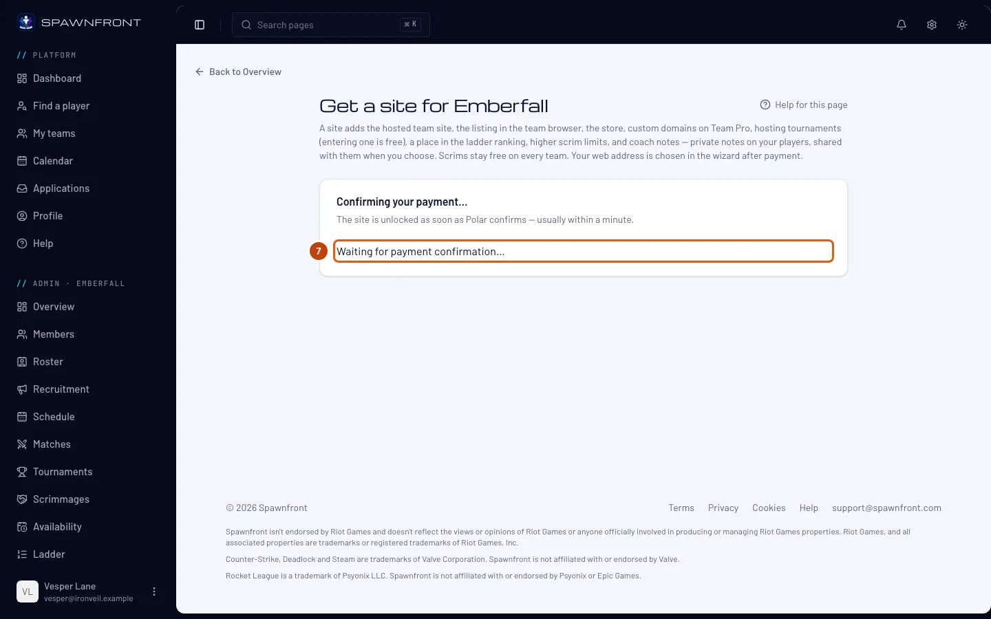 The Confirming your payment card, with the waiting message outlined.