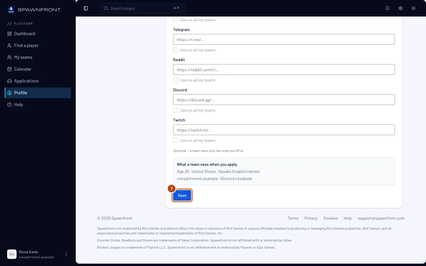 The What a team sees when you apply box, and the Save button outlined under it.