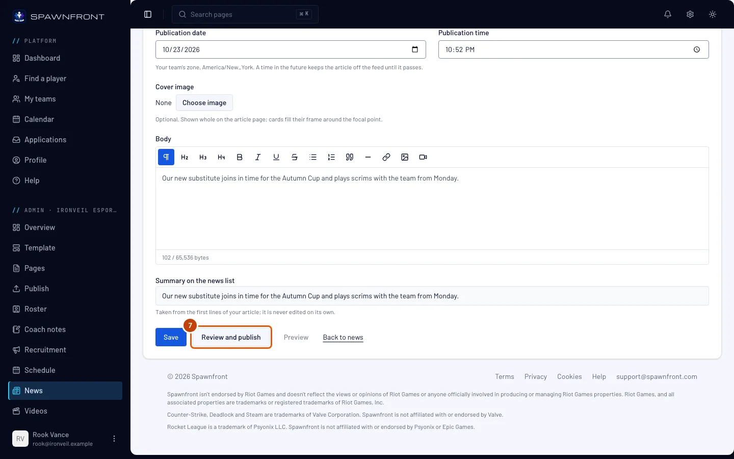 The article form, with the Review and publish button outlined.
